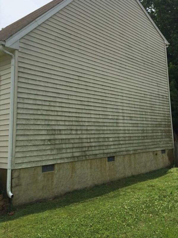 Dirty house siding with mold and stains before pressure washing